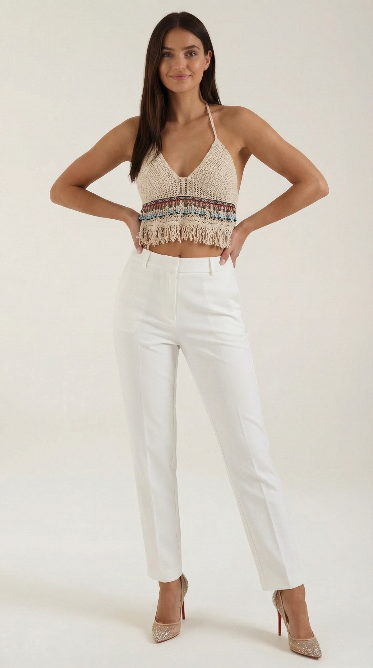 Elegante Halter de Ganchillo Celeste con Flecos