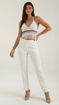 Elegante Halter de Ganchillo Celeste con Flecos