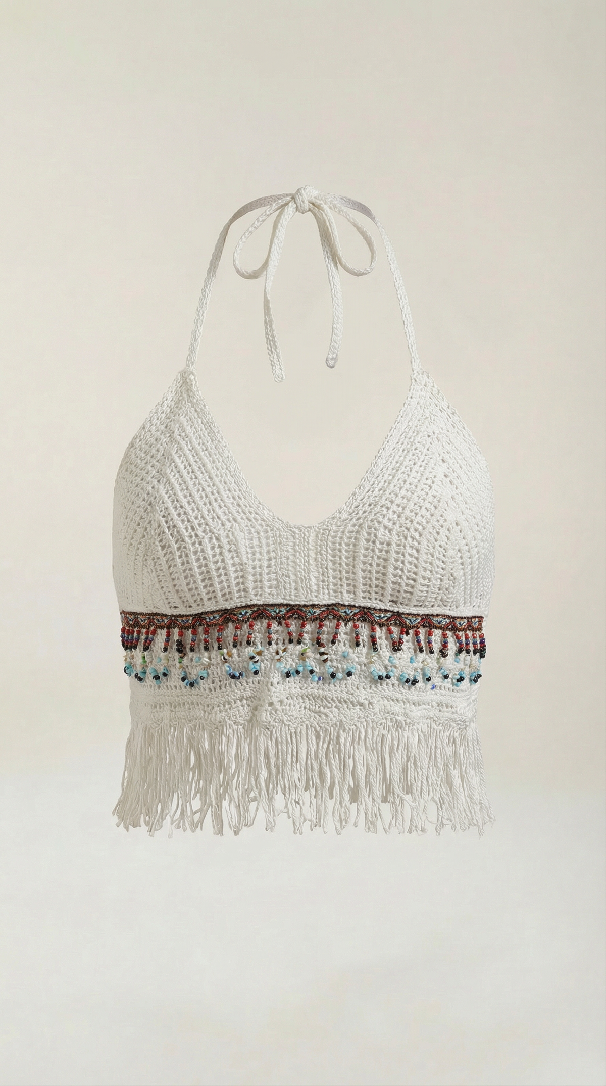 Elegante Halter de Ganchillo Celeste con Flecos